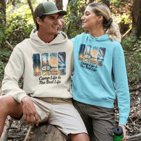 Our Camp Life Is The Best Life Hoodie features four epic camping scenes—from starry skies and crackling fires to cozy tents and scenic trails.